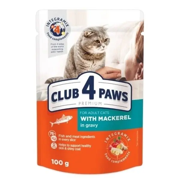 Hrana umeda premium pisici adulte, Club 4 Paws, Macrou, 85 g