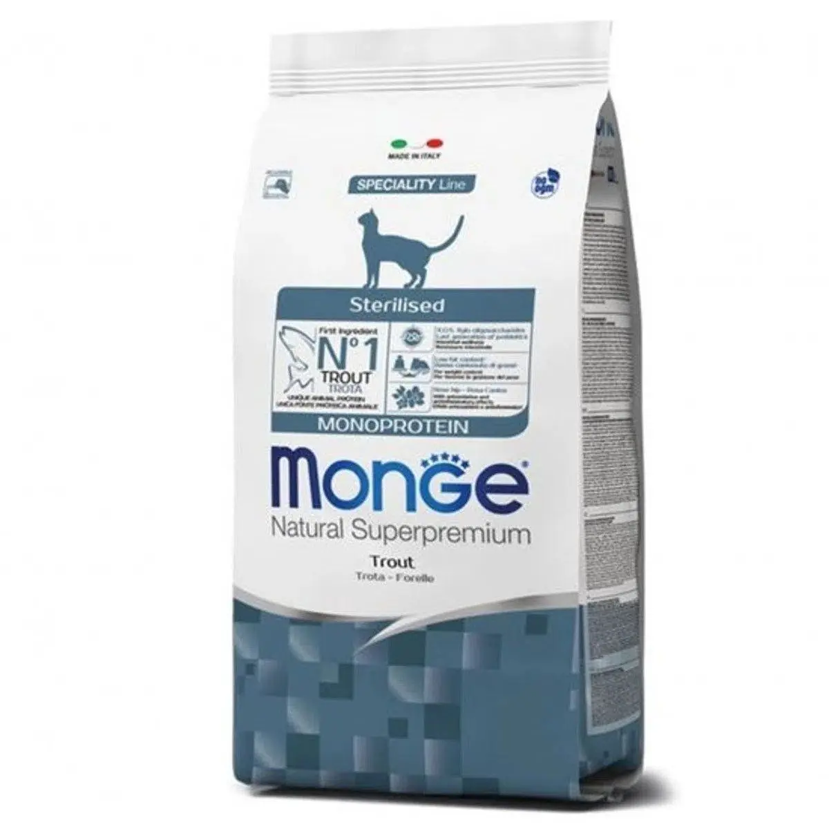 Hrana uscata pisici, Monge Natural Monoprotein Sterilised, Pastrav, 1.5 kg