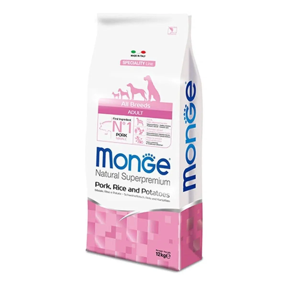 Hrana uscata caini, Monge Natural Superpremium All Breeds Adult, Porc, Orez & Cartofi, 12 kg