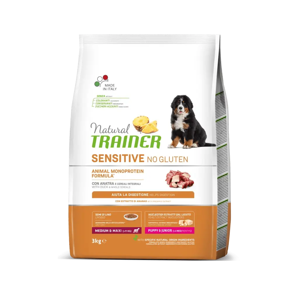Hrana Uscata Catei, Natural Trainer, Sensitive No Gluten Medium-Maxi Puppy & Junior, Rata, 3 kg