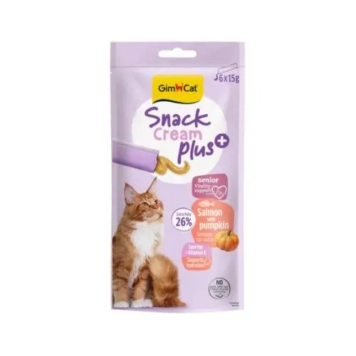 Recompense pisici senior, GimCat Snack Cream Plus+, Somon si Dovleac, 6 x 15 g