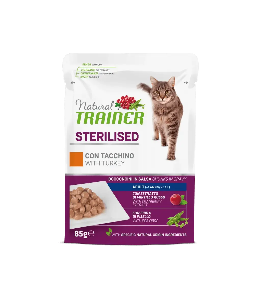 Hrana Umeda Pisici Sterilizate, Natural Trainer, Curcan in Sos, 85 g