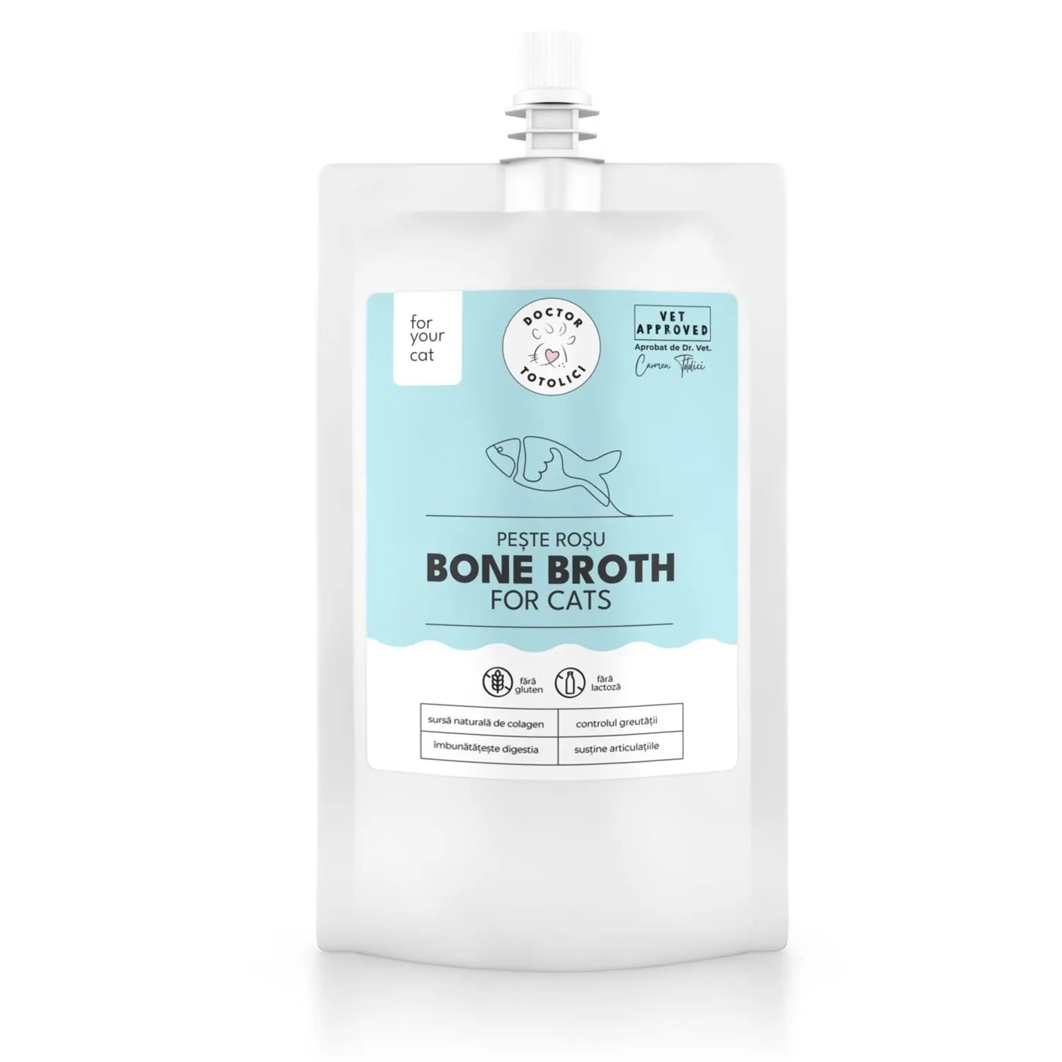 Supa de oase de peste rosu pentru pisici Doctor Totolici, cu dop resigilabil, 150 ml