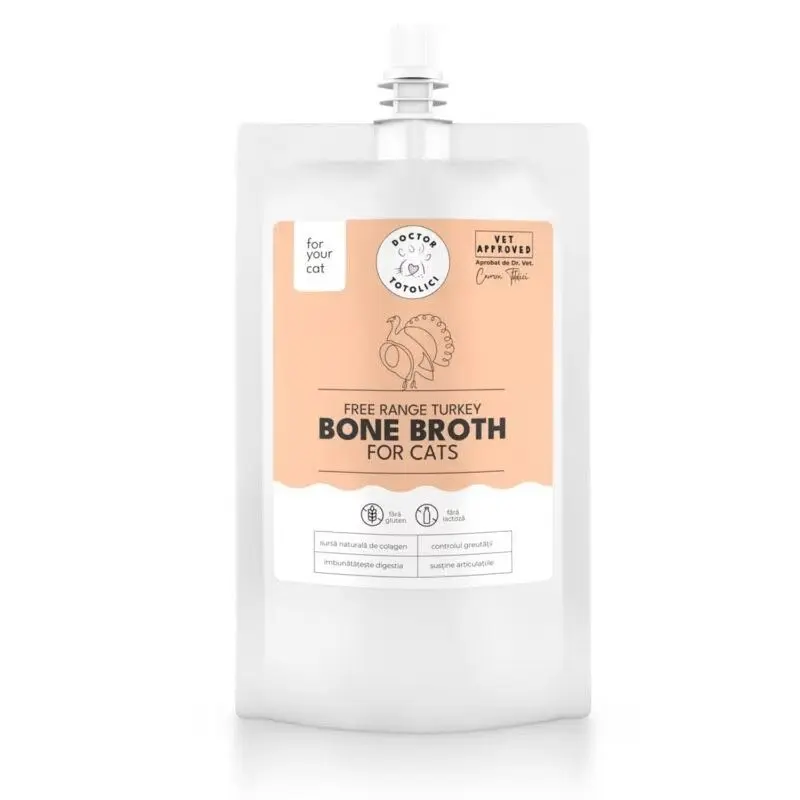 Supa de oase de curcan bio pentru pisici Doctor Totolici, cu dop resigilabil, 150 ml