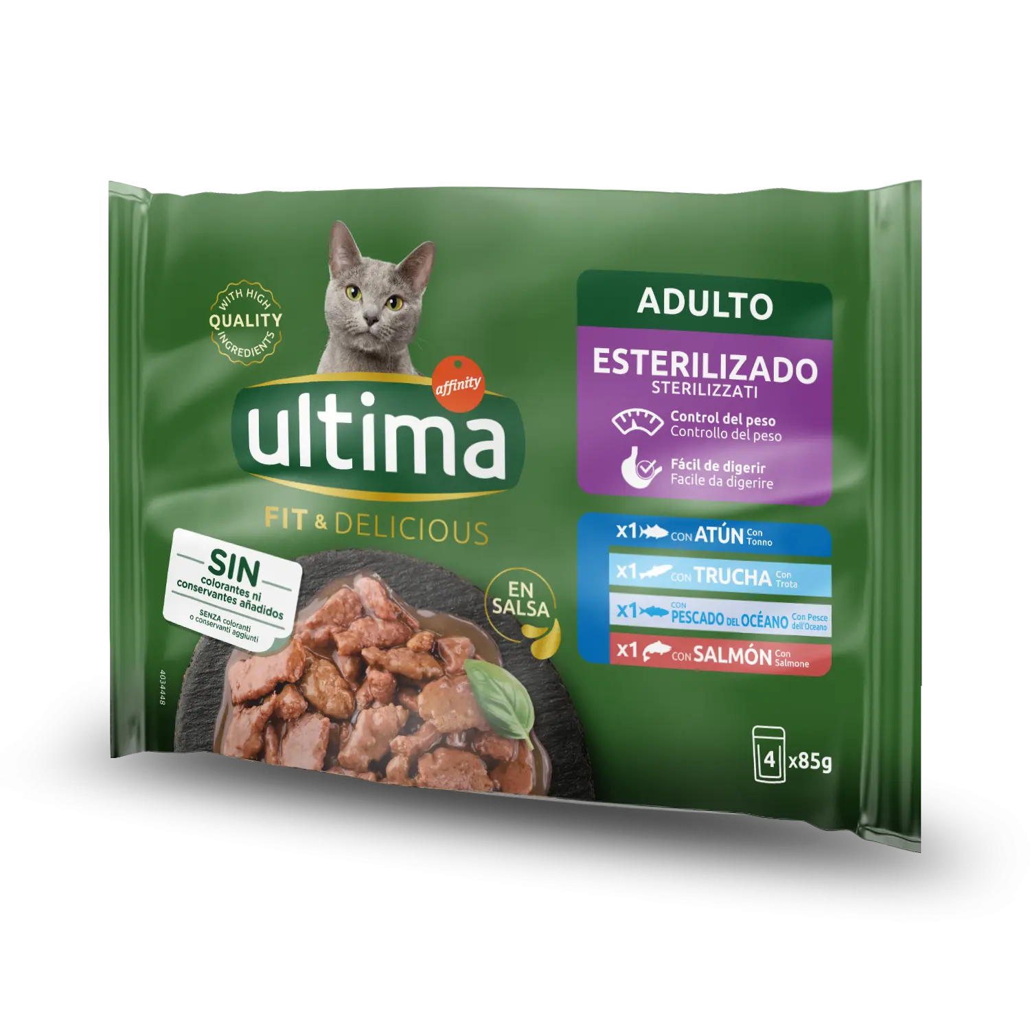 Hrana umeda pisici, Ultima Cat, Adult Sterilizat Fit & Delicious Multipack, Ton, Pastrav, Somon & Peste Oceanic, 4x85 g