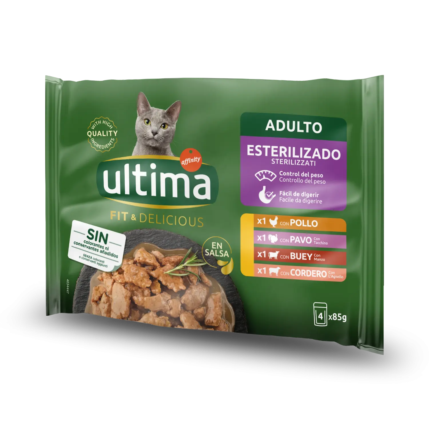Hrana umeda pisici, Ultima Cat, Adult Sterilizat Fit & Delicious Multipack, Pui, Curcan, Vita & Miel, 4x85 g