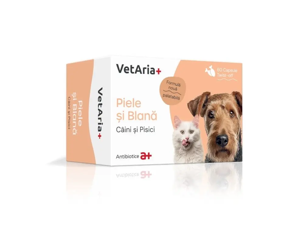 VetAria+ Piele si Blana Caini si Pisici 60 capsule Twist-off