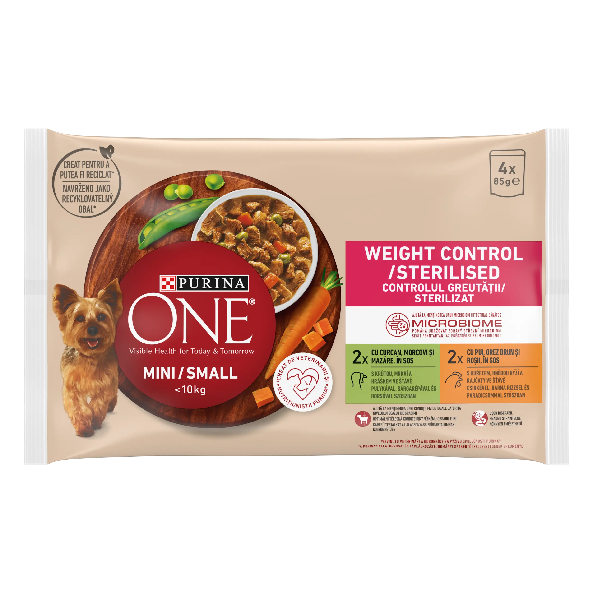 PURINA ONE MINI Weight Control/ Sterilised, curcan, morcovi, si mazare/ cu pui, orez brun, si rosii, in sos, 4x85 g