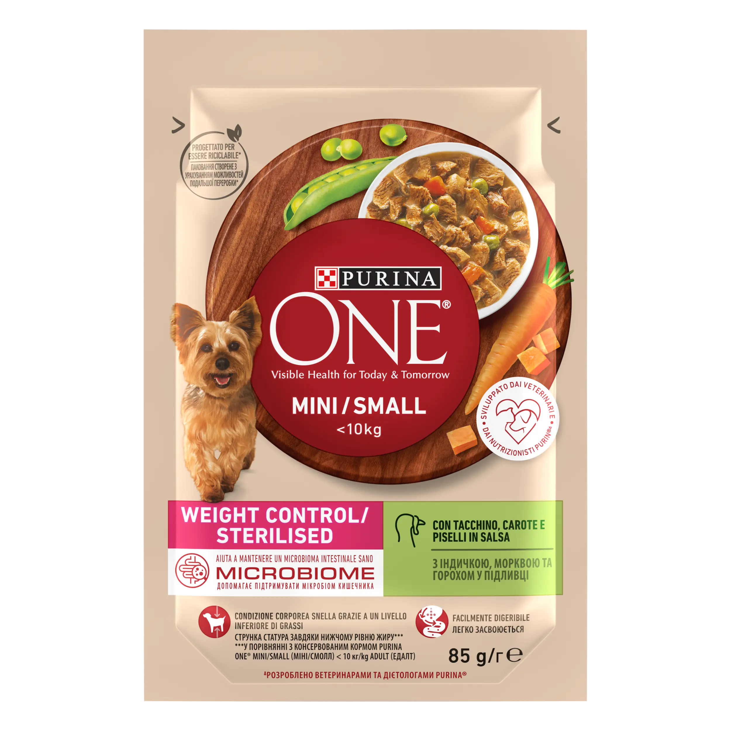 PURINA ONE MINI Weight Control/ Sterilised, curcan, morcovi si mazare, in sos, 85 g