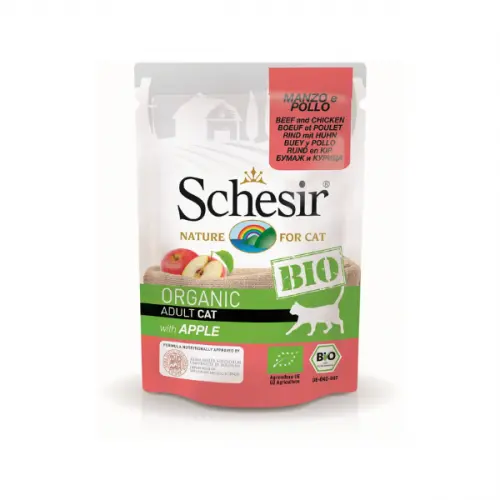 Hrana umeda pisici, Schesir Bio For Cat, Vita, Pui si Mar, 85 g