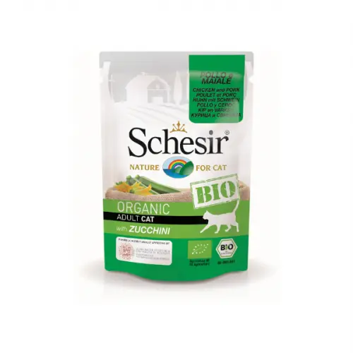 Hrana umeda pisici, Schesir Bio For Cat, Pui, Porc si Zucchini, 85 g