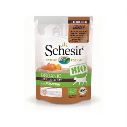 Hrana umeda pisici, Schesir Bio For Sterilized Cat, Pui, Porc si Dovleac, 85 g