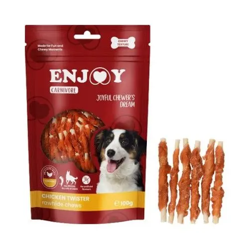 Recompense pentru caini Enjoy Carnivore Rawhide Chews cu pui, 100 g
