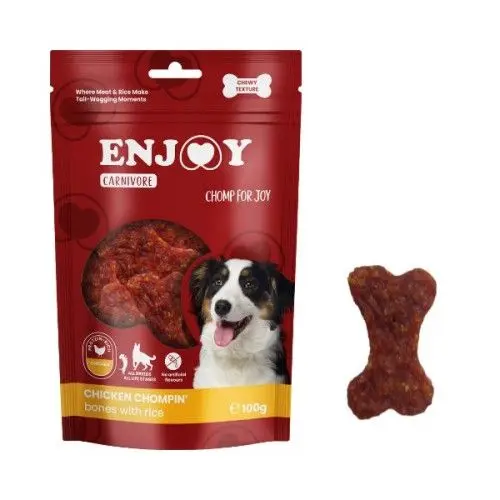 Recompense pentru caini Enjoy Carnivore Chicken Chompin Oase cu orez, 100 g