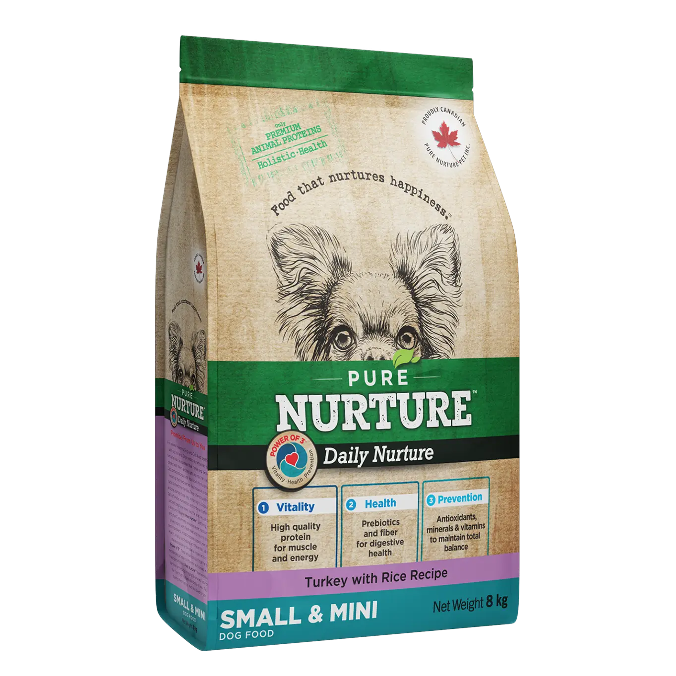 Hrana caini de talie mica si mini Pure Nurture, cu orez si curcan, 8 kg