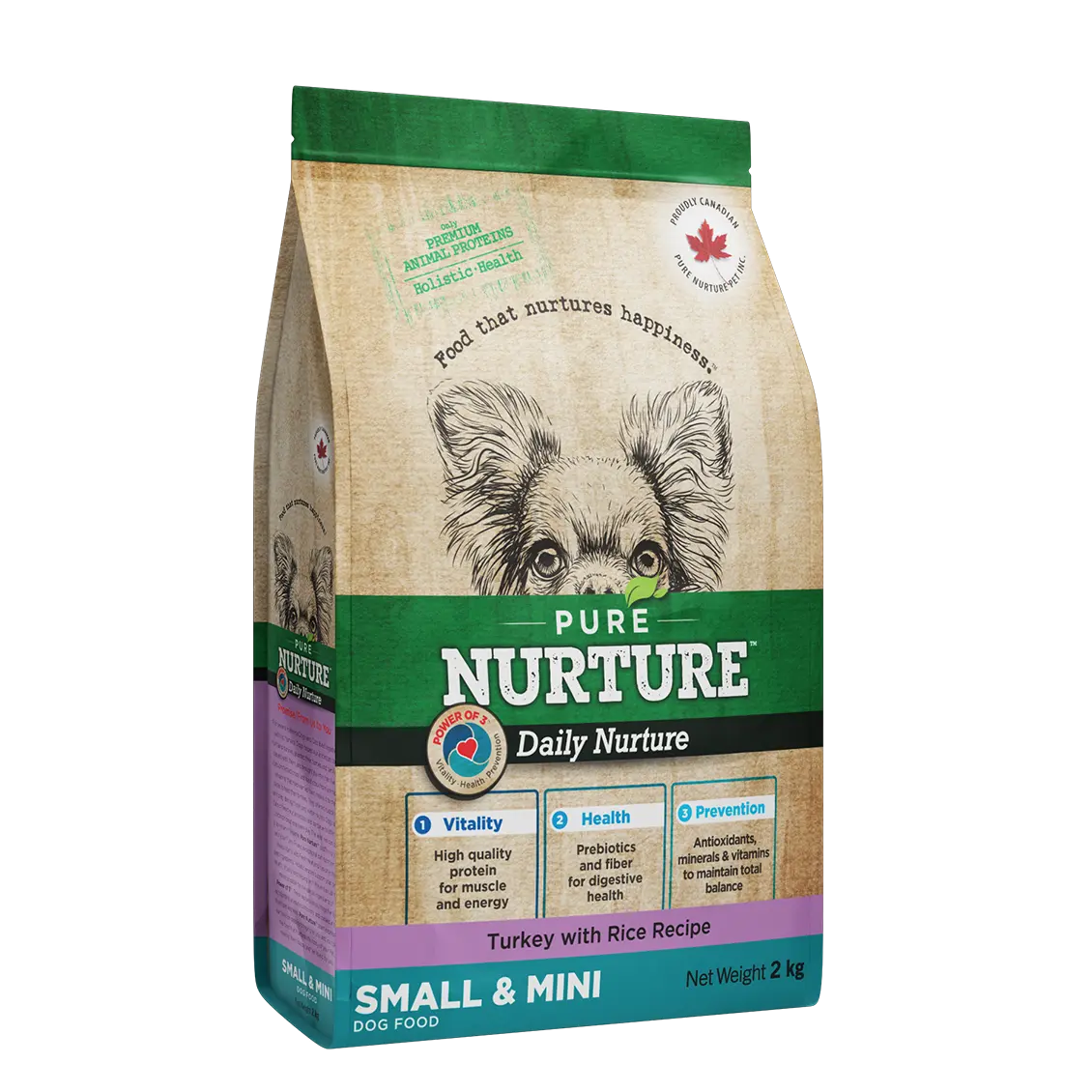 Hrana caini de talie mica si mini Pure Nurture, cu orez si curcan, 2 kg