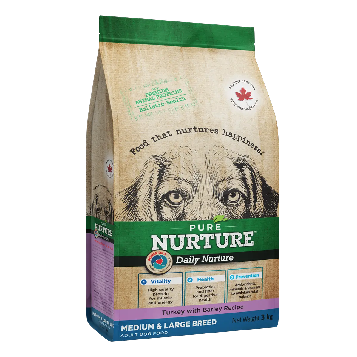 Hrana caini de talie medie si mare Pure Nurture, cu orz si curcan, 3 kg