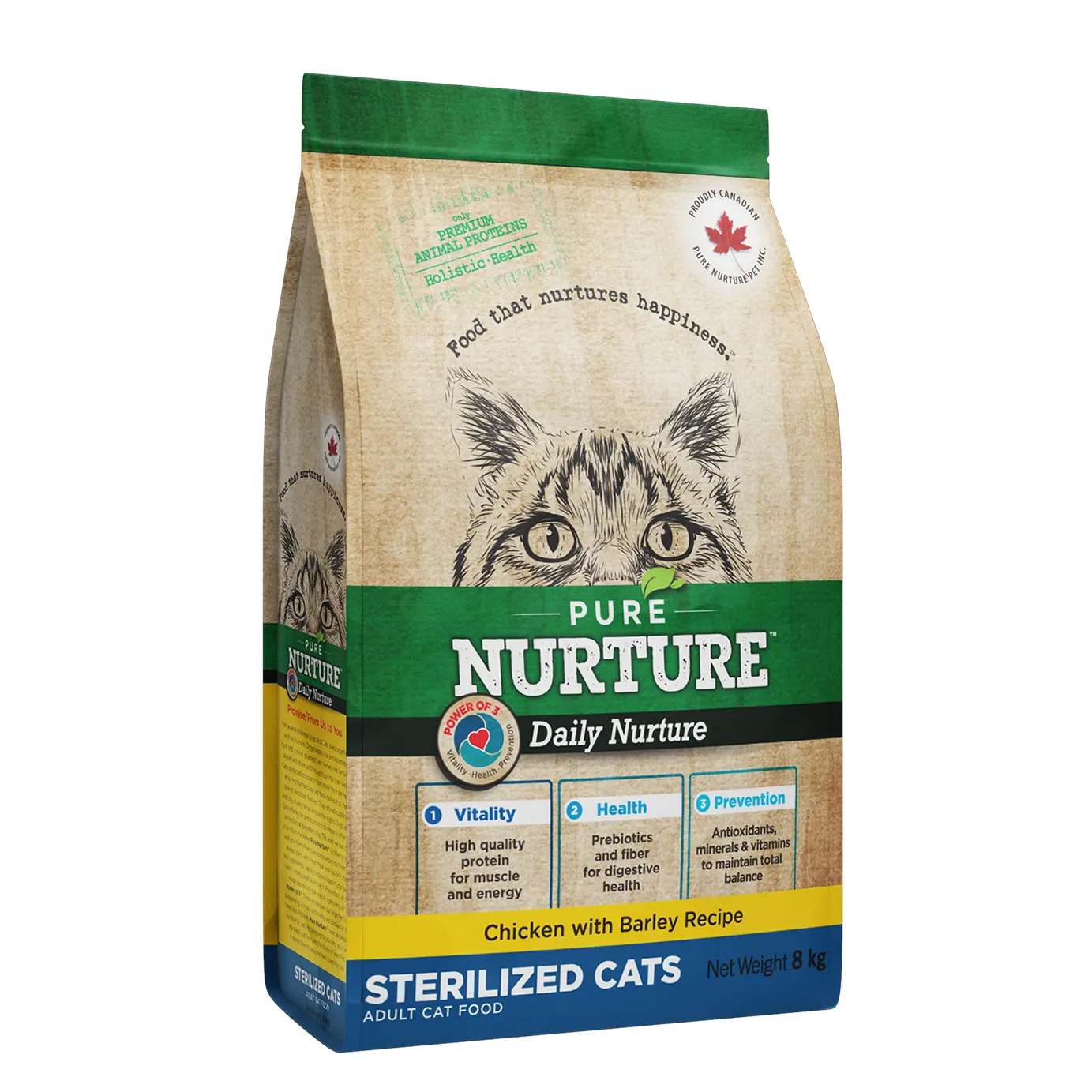 Hrana pisici sterilizate Pure Nurture, cu orz si pui, 8 kg