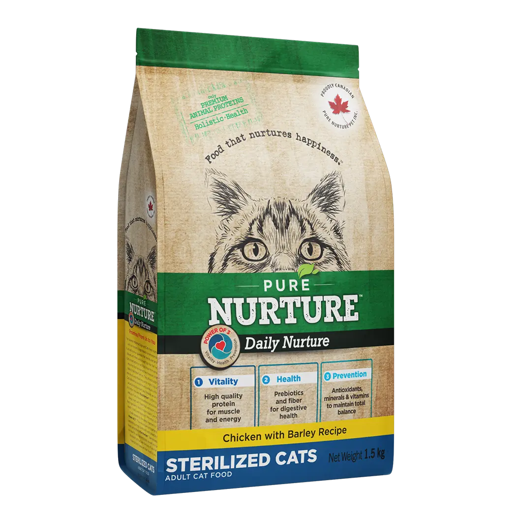 Hrana pisici sterilizate Pure Nurture, cu orz si pui, 1.5 kg