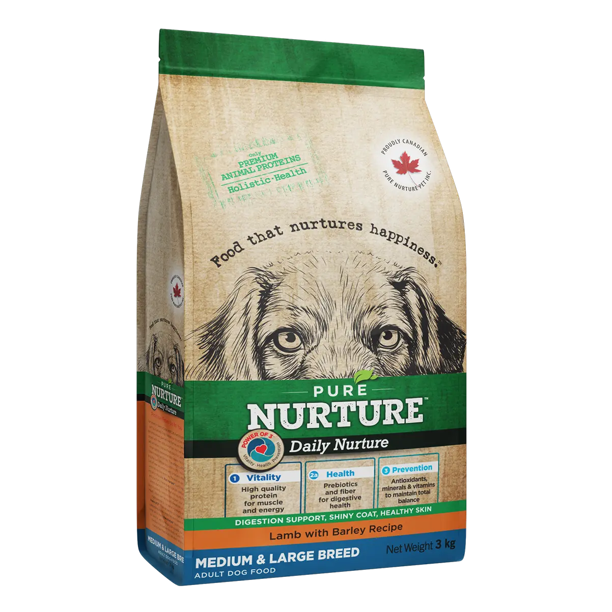 Hrana caini de talie medie si mare Pure Nurture, cu orz si miel, 3 kg