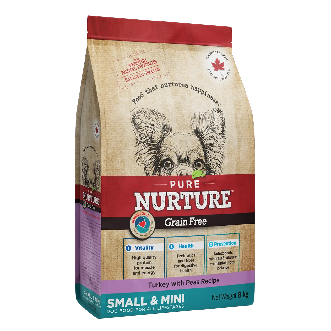 Hrana caini de talie mica si mini Pure Nurture Grainfree, cu mazare si curcan, 8 kg