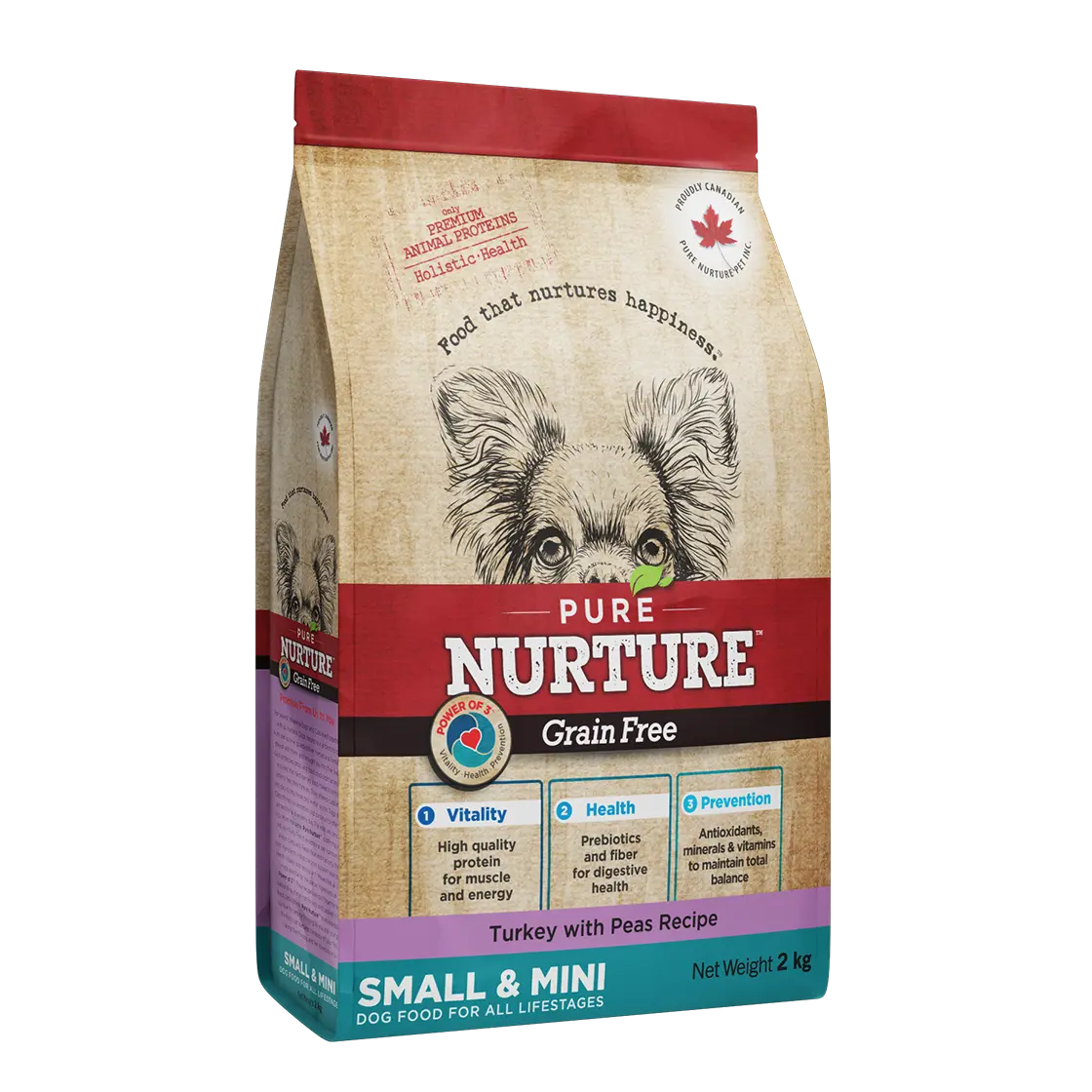 Hrana caini de talie mica si mini Pure Nurture Grainfree, cu mazare si curcan, 2 kg