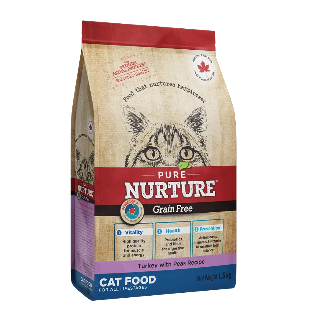 Hrana pisici de toate varstele Pure Nurture Grainfree, cu mazare si curcan, 1.5 kg