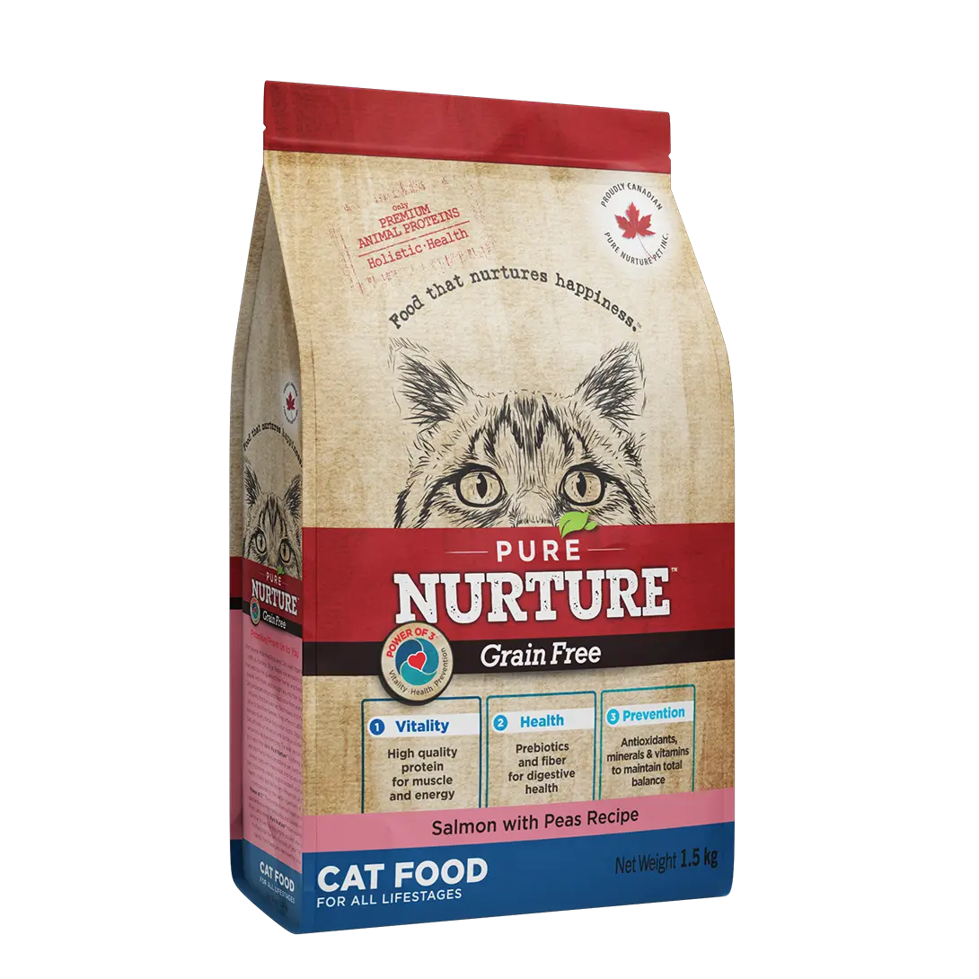 Hrana pisici de toate varstele Pure Nurture Grainfree, cu somon si mazare, 1.5 kg