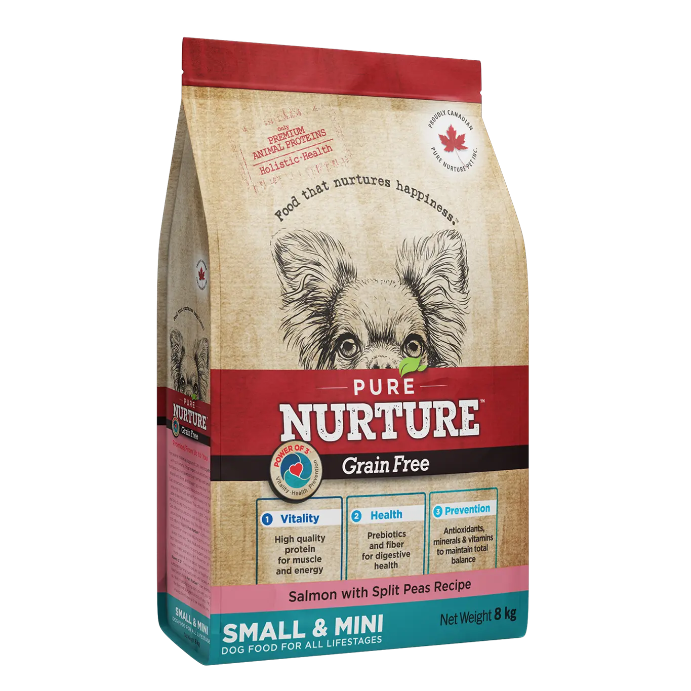 Hrana caini de talie mica si mini Pure Nurture Grainfree, cu somon si mazare, 8 kg