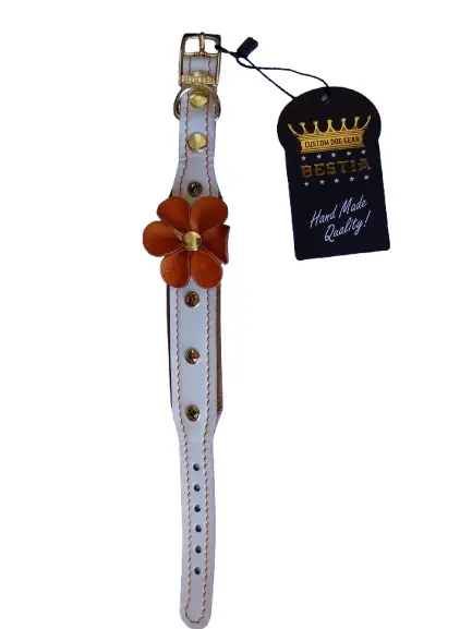 Bestia Zgarda Flower, Piele Naturala, S: 25-30 cm, Alb/ Maro/ Portocaliu