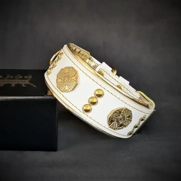 Bestia Zgarda Maximus, Piele Naturala, S, Alb/ Galben