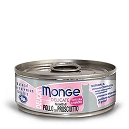 Hrana umeda pisici, Monge Delicate, Pui & Sunca, 80 g