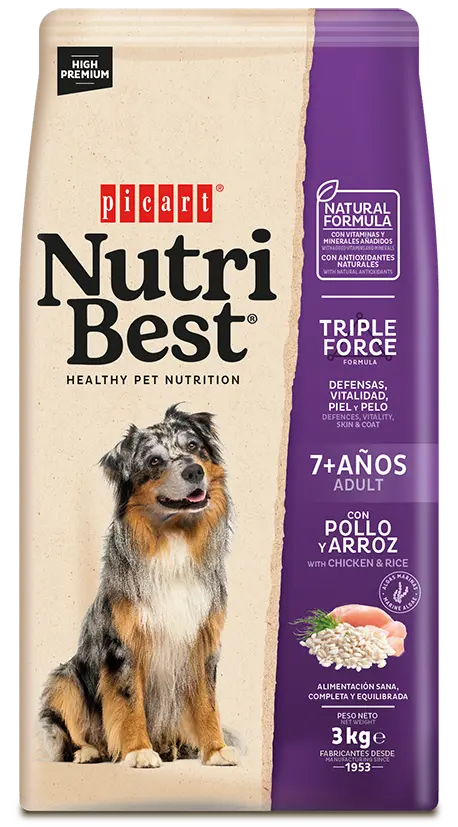 Hrana Uscata Caini Premium, NutriBest Adult Dog 7+, Pui si Orez, 3 kg