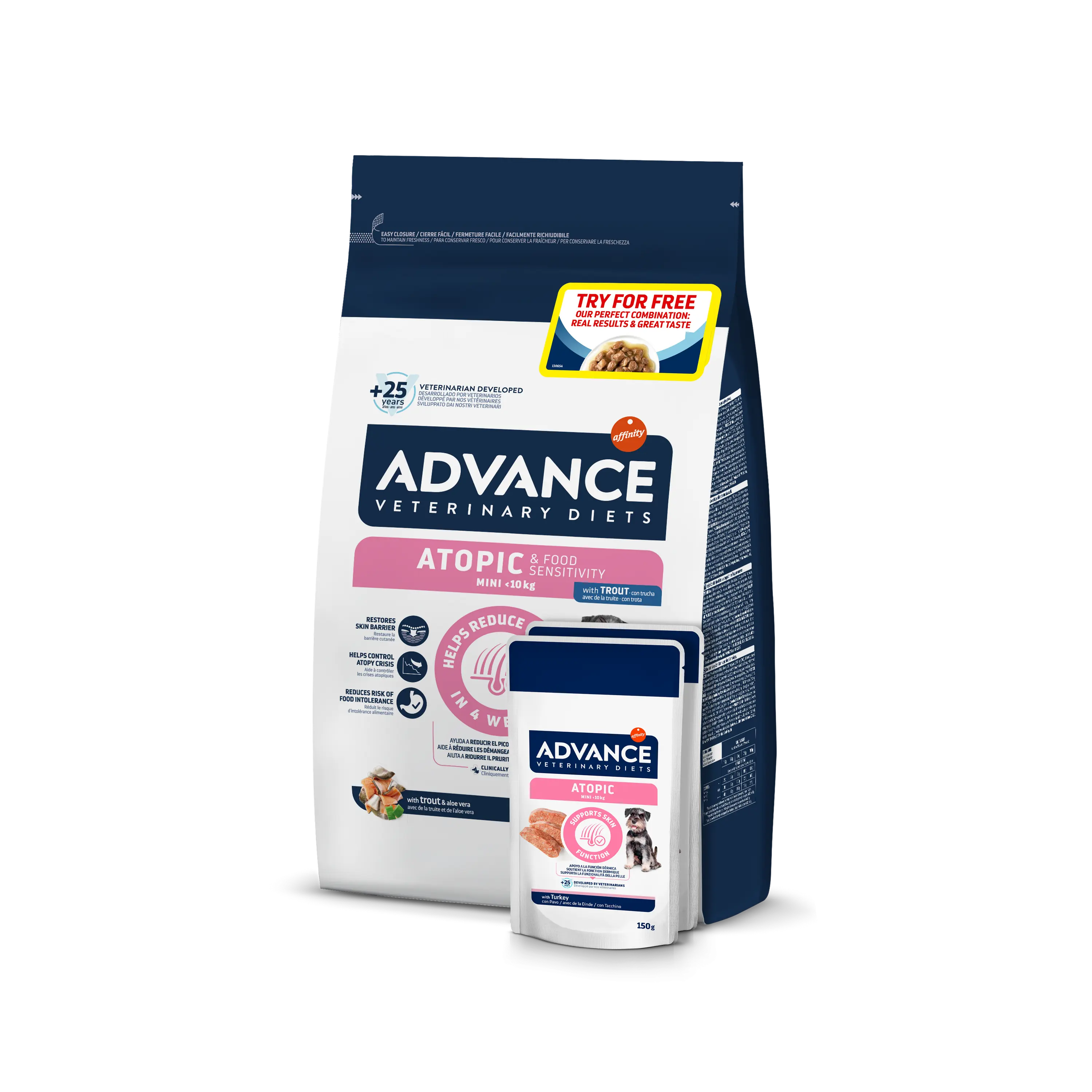 Advance Veterinary Diets Dog Atopic & Food Sensitivity Mini, Pastrav, 1.5 kg + 2x Advance Veterinary Diets Dog Atopic Derma Care, 150 g