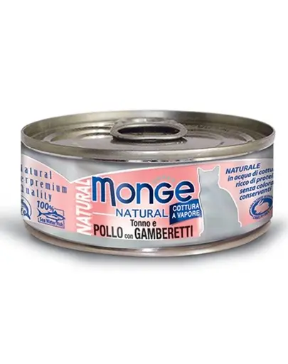 MONGE Natural Cat hrana umeda pentru pisici, cu ton, pui si creveti 80g