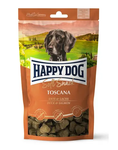 HAPPY DOG Soft Snack Toscana, gustari pentru caini, cu rata si somon, 100 g