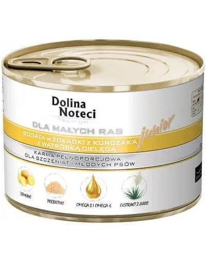 DOLINA NOTECI Premium Junior hrana umeda caini juniori de rase mici, cu stomac de pui si ficat de vitel 185 g x 10 buc.