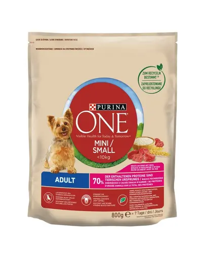 PURINA ONE Mini/Small Hrana uscata pentru caini adulti, bogata in vita si orez 800 g