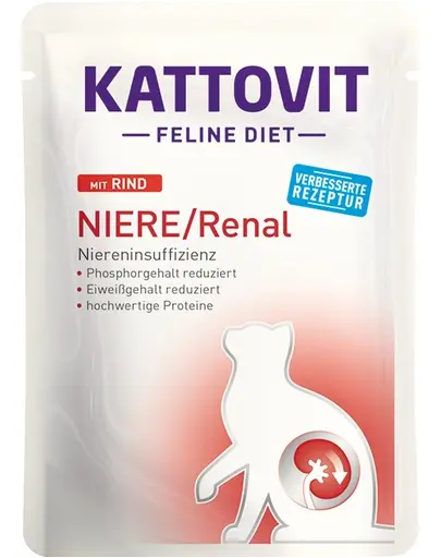 KATTOVIT Feline Diet Niere/Renal Beef hrana umeda dietetica pentru pisici cu afectiunile ale rinichilor, cu vita 85 g