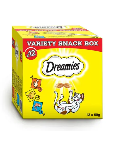 DREAMIES Variety Snack Box Recompense pentru pisici cu gust de pui, branza si somon 720 g
