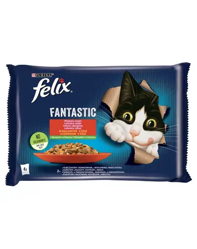 FELIX FANTASTIC Hrana umeda pui cu rosii, vita cu morcovi pentru pisici adulte 4x85g
