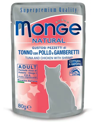 MONGE hrana umeda pentru pisici, cu ton, creveti si pui 80 g