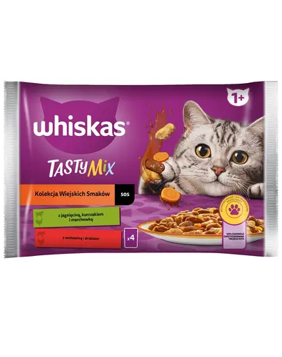 WHISKAS Adult hrana umeda in sos 4x85 g pentru pisici Rural Flavours miel, pui si morcovi, carne de vita si pasare
