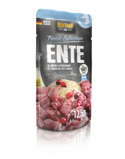 BELCANDO Finest Selection hrana umeda pentru caini, cu rata cu orez si merisoare de munte, 125 g