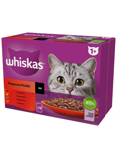 WHISKAS Adult hrana umeda plicuri 12x85 g pentru pisici Classic Meals carne de vita, pui, miel, pasare in sos