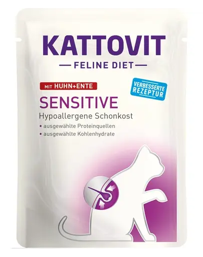 KATTOVIT Feline Diet Sensitive hrana umeda dietetica pentru pisici cu alergii alimentare, cu pui si rata 85 g