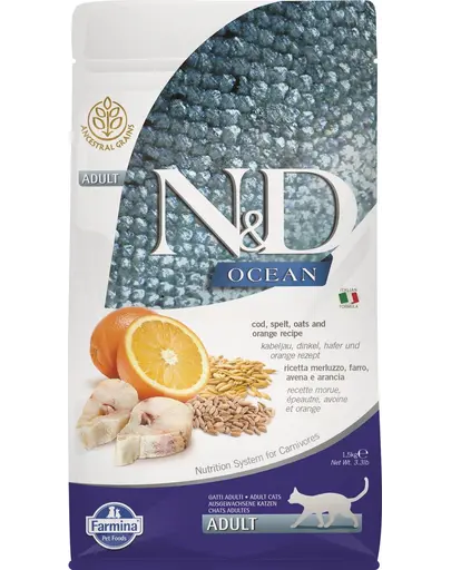 FARMINA N&D Ocean Cat Adult Hrana uscata pisici, cu cod, spelt, ovaz si portocale 1,5 kg