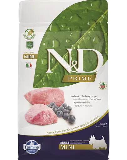 FARMINA N&D Adult Mini Lamb&Blueberry hrana uscata caini adulti de talie mica, miel si afine 800 g