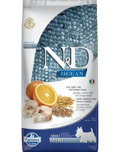 FARMINA N&D Ocean Adult Mini, Hrana uscata pentru caini de talie mica, cu cod, grau, ovaz, portocale  2,5 kg