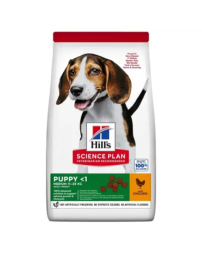 HILL'S Science Plan Canine Puppy Medium Chicken 18 kg hrana uscata catei talie medie, cu pui + 3 conserve GRATIS